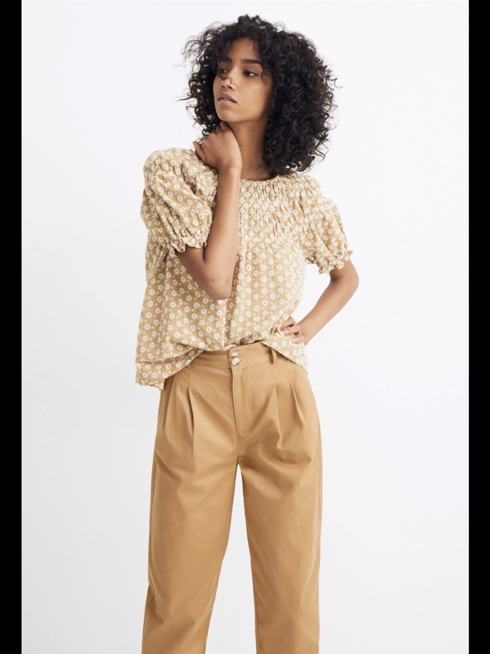 Madewell Tan Floral Smocked-Neck Peasant Blouse - Picture 2 of 8